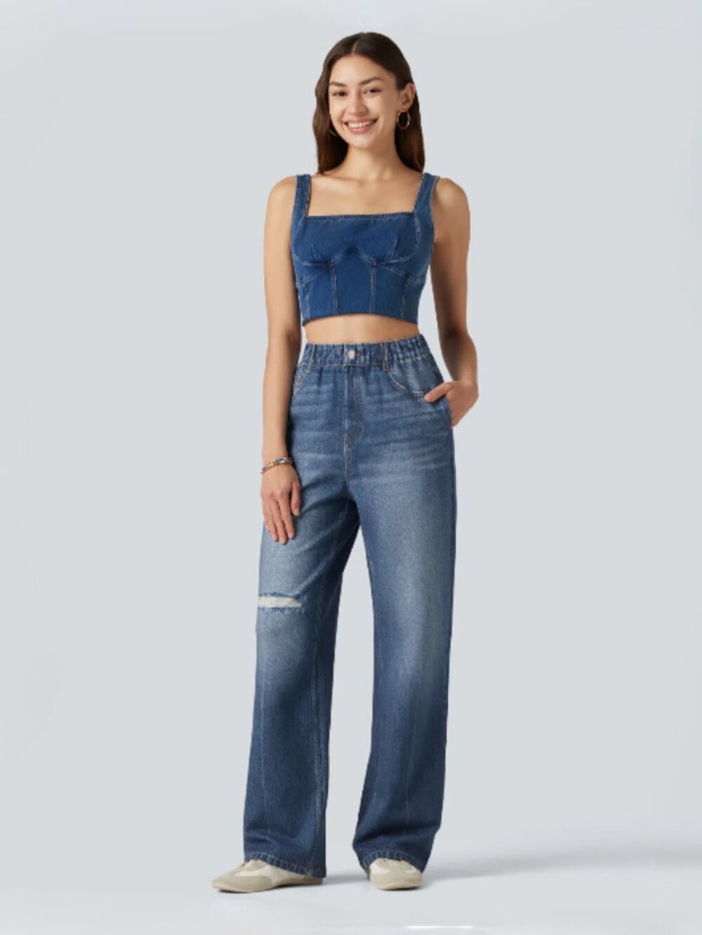 Halara High Waisted Denim Print French Terry Casual Sweatpants Jeans w/ Pockets